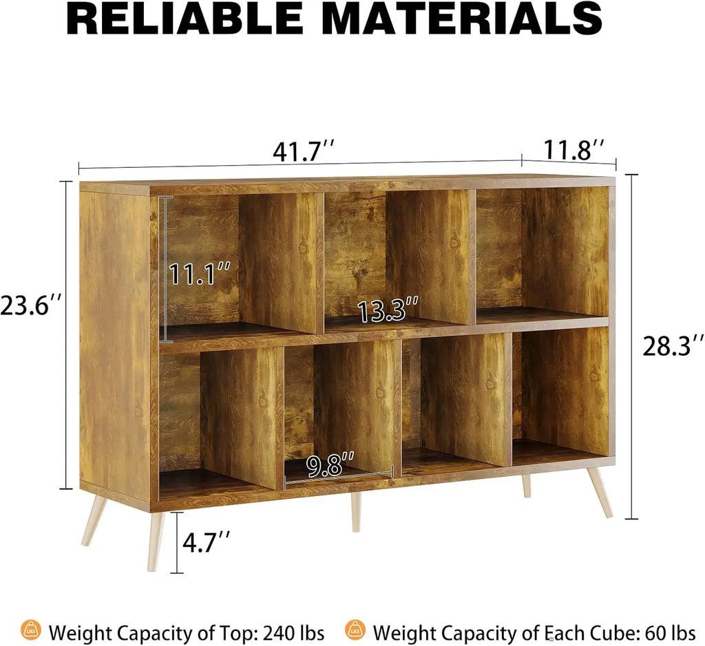 7-Cube Storage Organizer with Natural Wood Legs, Mid-Century Modern Bookcase, Freestanding Toy Storage Bookshelf for Living