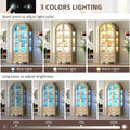 71-Inch Arched Glass Curio Cabinet with 4 Shelves, 2 Drawers, 3-Color Lighting, Wood-Tone Kitchen Pantry