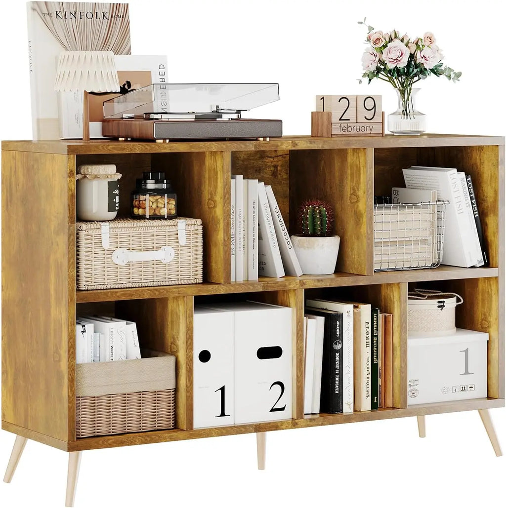 7-Cube Storage Organizer with Natural Wood Legs, Mid-Century Modern Bookcase, Freestanding Toy Storage Bookshelf for Living