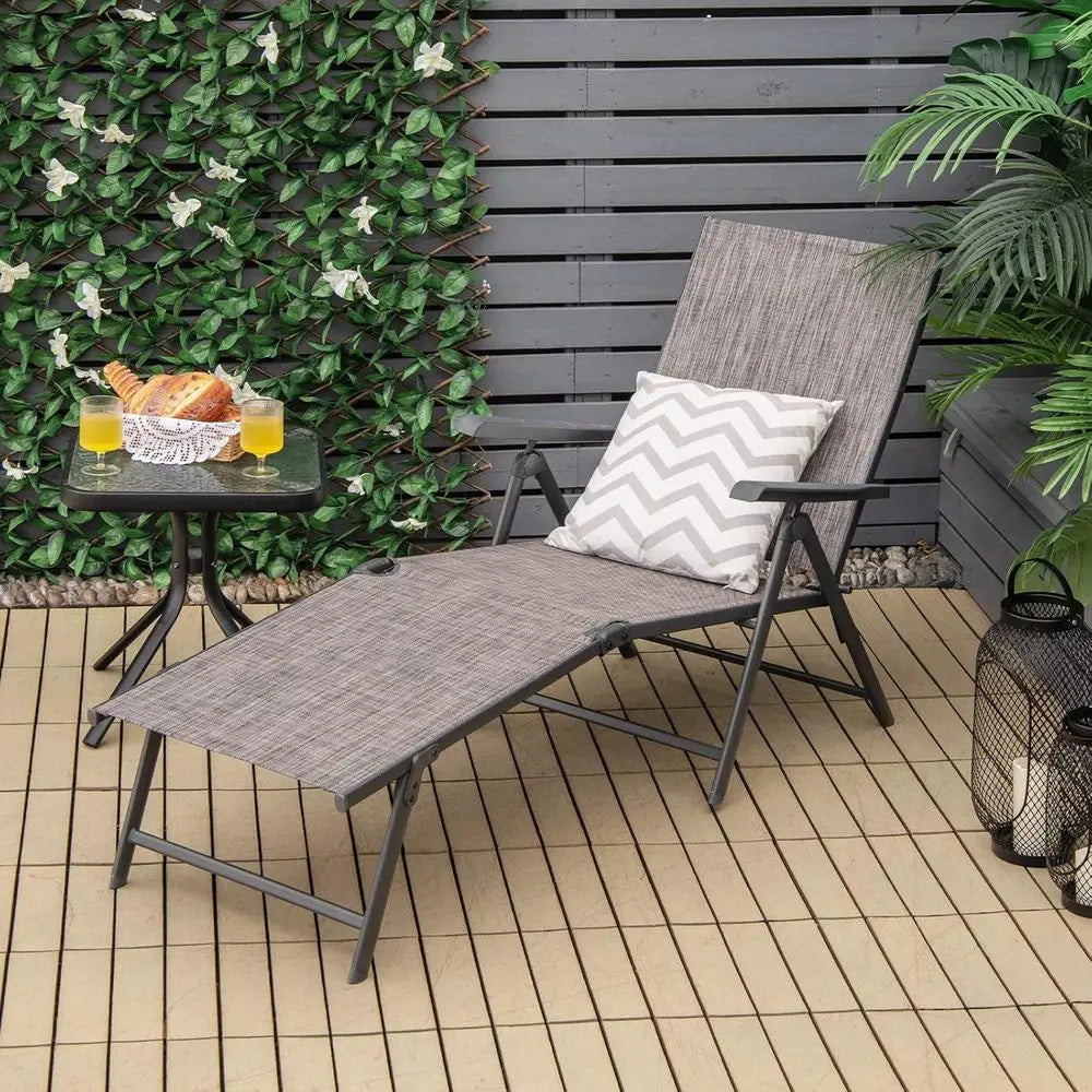 Lightweight Breathable Fabric Outdoor Tanning Recliner Chair for Deck or Beach (Grey)