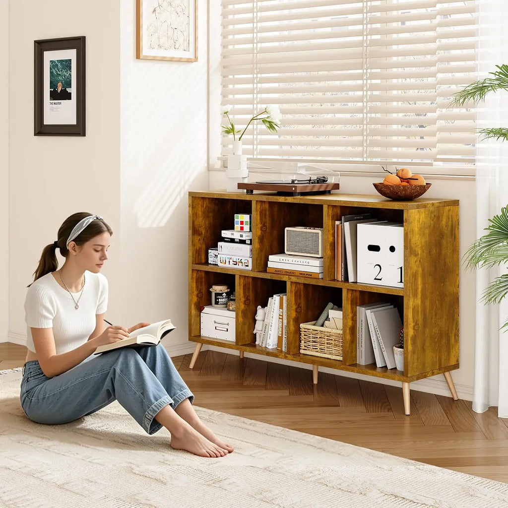 7-Cube Storage Organizer with Natural Wood Legs, Mid-Century Modern Bookcase, Freestanding Toy Storage Bookshelf for Living