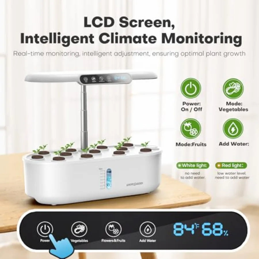 Hydroponics Growing System kit: Indoor Herb Garden - Plant Germination Kit with LCD Display and LED Grow Light Smart Temp and H