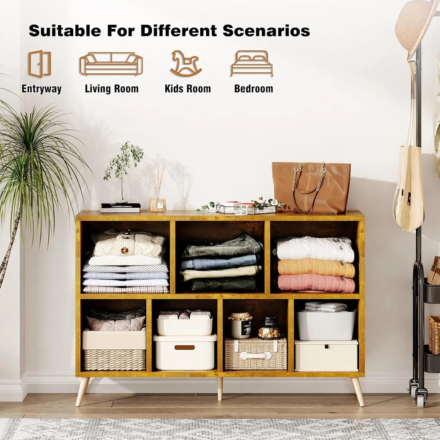 7-Cube Storage Organizer with Natural Wood Legs, Mid-Century Modern Bookcase, Freestanding Toy Storage Bookshelf for Living