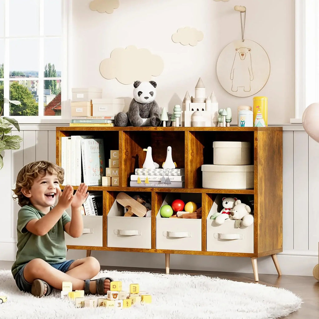 7-Cube Storage Organizer with Natural Wood Legs, Mid-Century Modern Bookcase, Freestanding Toy Storage Bookshelf for Living