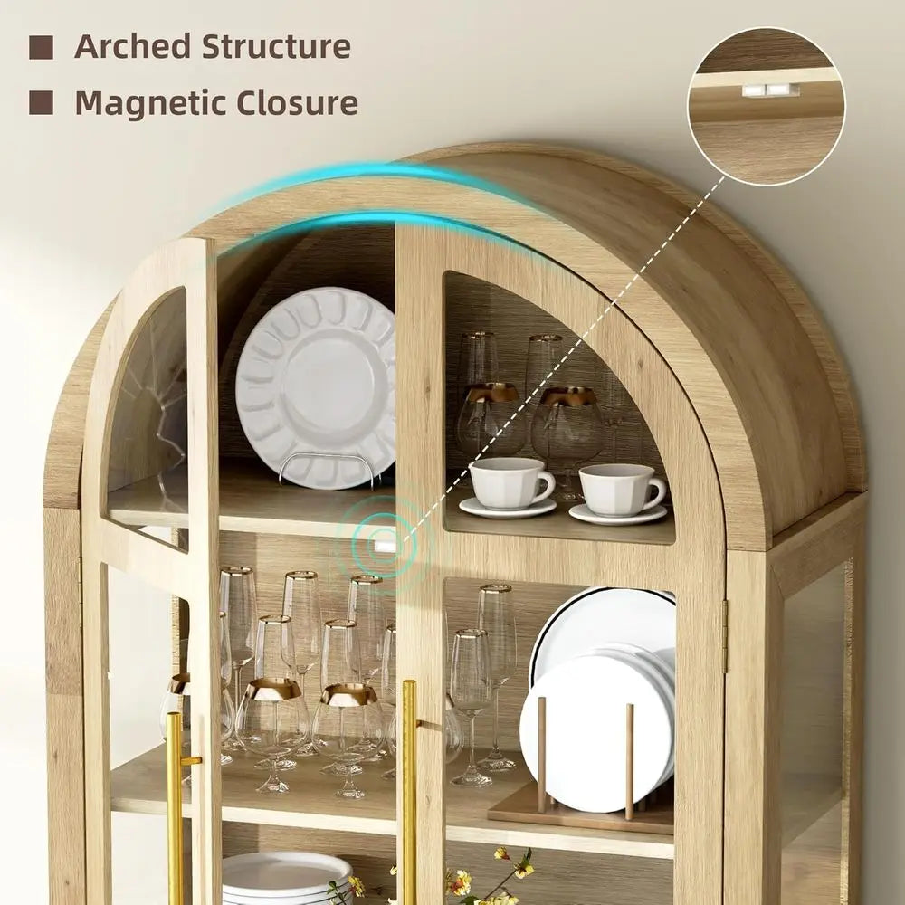 71-Inch Arched Glass Curio Cabinet with 4 Shelves, 2 Drawers, 3-Color Lighting, Wood-Tone Kitchen Pantry