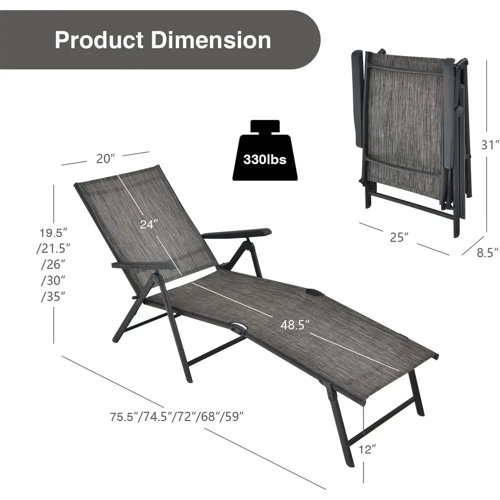 Lightweight Breathable Fabric Outdoor Tanning Recliner Chair for Deck or Beach (Grey)