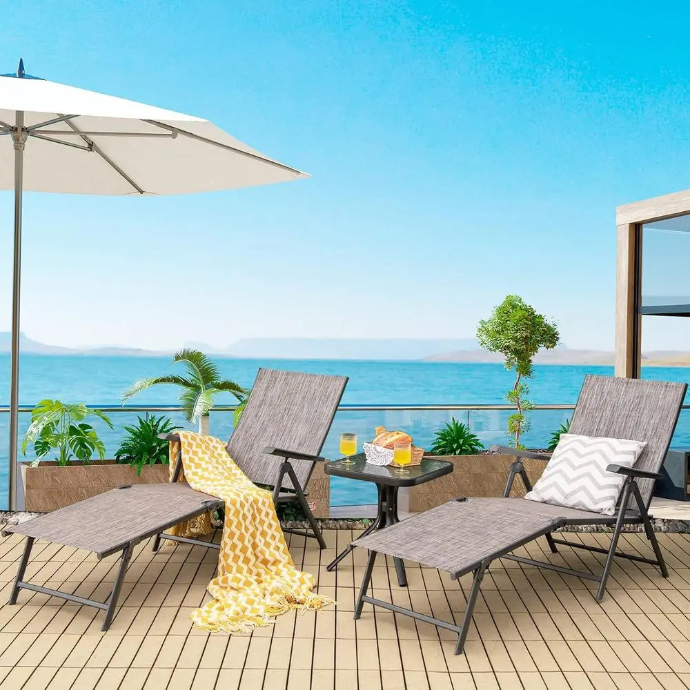 Lightweight Breathable Fabric Outdoor Tanning Recliner Chair for Deck or Beach (Grey)